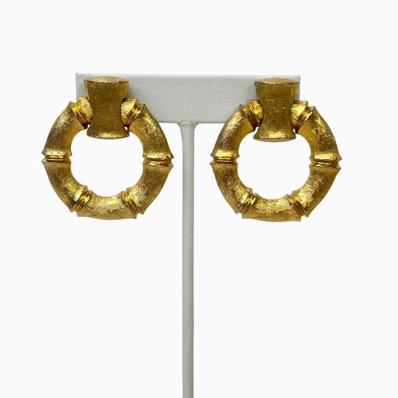 Napier Bamboo Door Knocker Necklace Earrings Set Brushed Gold Tone Signed - Picture 4 of 16